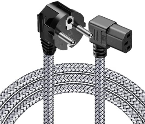 2m Kaltgerätekabel Netzkabel Stromkabel Schutzkontakt Stecker Typ F (CEE 7/7) 90° Gewinkelt auf C13 Buchse 90° Gewinkelt für TV Computer Monitor PC Drucker Projektor etc-Grau