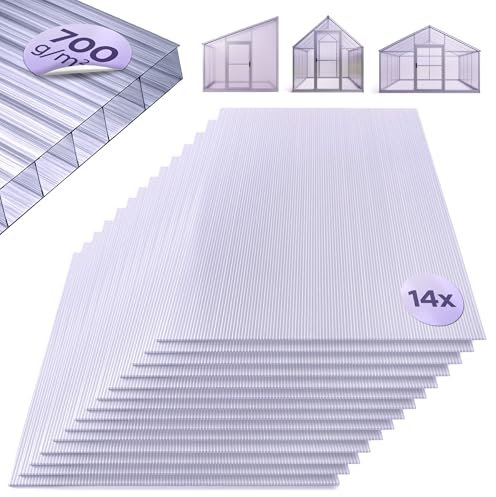 Arebos Plaques alvéolaires, Jeu de 14 | 121 x 60,5 cm | Plaques en Polycarbonate de 4 mm d'épaisseur | Résistantes aux UV | 700 g/m² | Transparentes | pour Serre, abri de Voiture, châssis de Couche