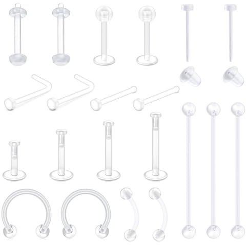 D.Bella Clear Piercing Retainer Set Bioflex Clear Nose Lip Labret Stud Septum Hoop Eyebrow Tongue Belly Button Piercing Ear Ear Earring Cartilage Plastic Industrial Retainer
