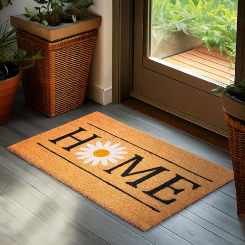 BRUBAKER Fußmatte für Außen und Innen - Home mit Gänseblümchen | 45 x 75 cm Schmutzfangmatte aus Kokos - Fußabtreter Wetterfest und Rutschfest - Blumen Antirutsch Türvorleger für Haustür