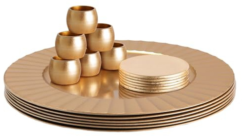 Argon Tableware Round Charger Plates Set with Coasters & Napkin Rings - 33cm - Gold Flute - 18pc Reusable Hard Plastic Dinner Table Setting Wedding Party Decorative Serving Tableware Chargers