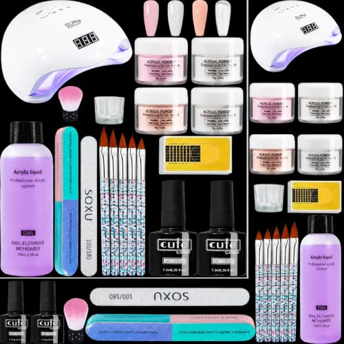 CENBEII Acrylic Nail Starter Kit for Beginners, UV Lamps, 4 Colors Powder | Nude Pink White Clear, 75ml Acrylic Liquid Nail Kit, Base Top Coat, Nail Pens Set for Beginners Manicurist Nail Enthusiasts