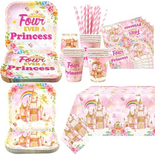 Four Ever a Princess Geburtstagsdekoration, einschließlich Teller, Becher, Servietten, Tischdecke, Strohhalme, für 4. Geburtstag, Mädchen, 20 Stück