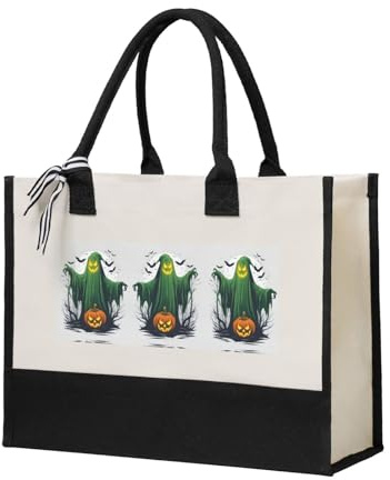 MGGAklp Bolsa de regalo de lona reutilizable con estampado de calabaza de Halloween y fantasma verde para bodas, cumpleaños, vacaciones