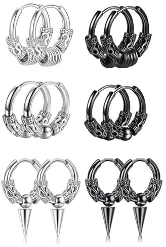 XFSRG 6 Paar Creolen Ohrringe Set Punk Hip Hop Perforierter Knorpelschmuck Edelstahl Vintage Piercing Ohrring für Herren und Damen