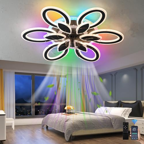 lnrosy RGB Moderner Lampe mit Ventilato mit Fernbedienung und App,Blumen Ventilator Lampe mit 6-Gangn und Reversibile,82w Leise Dimmbar Smart Deckenlampe mit Ventilator Für Schlafzimmer,Küche,Schwarz