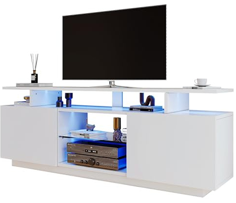 kozamas TV-Schrank Lowboard 140 cm, tv Board mit App-gesteuerter 16-Farben LED-Beleuchtung & Hochglanz-Türen - Fernsehtisch mit 5 offenen Fächern (Weiß + Spanplatte + 40-49 Zoll)