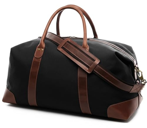 SID & VAIN Canvas Reisetasche mit edlem Leder - Sporttasche groß 54 cm Lennox - Weekender Handgepäck mit Schultergurt - Herren und Damen schwarz handgefertigt