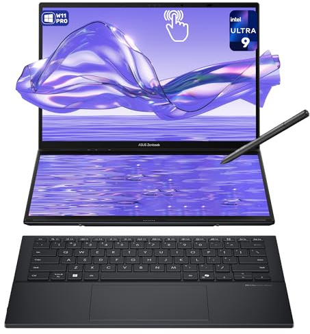 ASUS Zenbook Duo Dual Laptop, Intel Ultra 9-285H, 32 GB LPDDR5X RAM, 2 TB PCIe SSD, 14'' 3K (2880x1800) OLED Touchscreen, Intel Arc Graphics, Backlit Keyboard, W11 Pro, Inkwell Gray