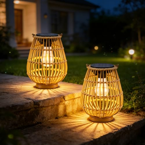 Solar Laternen Außen 2er Set,Handgeflochtene Rattan Lampen im Boho Stil,Hängend & Stehend,IP65 Wasserdicht,Warmweißes LED-Licht,Ideale Geschenke für Mama,Frauen,Solarleuchten für Garten,Balkon