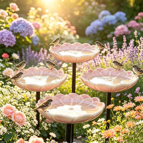 Vogeltränke Blume, Bienentränke Keramik Blume, Handgemachte BienenblütenKeramik – Winterfeste Vogeltränke & Futterstation für Garten,DekorativeKeramik für Bienen & Schmetterlinge (3*Rosa,15cm)