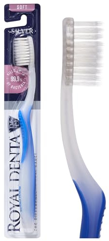Royal Denta Manual Toothbrush for Adults, Soft Silver Infused Dual-Length Bristles Toothbrush Head Perfect as Interdental Brush, Soft on Gum & Enamel, Ergonomic Grip Handle for Daily Oral Care, Blue