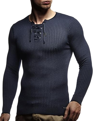 Leif Nelson Herren dünner Strick-Pullover Rundhals-Ausschnitt Slim Fit Winter Sommer Moderner Männer Winterpullover Wollpullover Langarm Crew Neck Feinstrick LN1605 Blau-Indigo Small