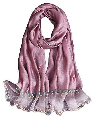 LumiSyne Frühling Seiden Chiffon Schal Damen Einfarbiger Halstücher Mode Seide Mit Tüll Perlen Dekoration Langer Seidentuch Sonnenschutz Schals Tücher Stola