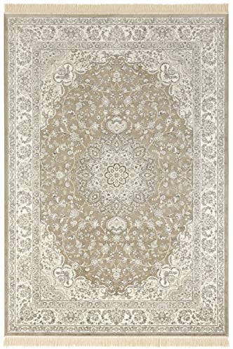 Nouristan Naveh Orient Teppich – Wohnzimmerteppich Orientalisch Kurzflor mit Fransen Vintage Orientalischer Samt-Teppich für Esszimmer, Wohnzimmer, Schlafzimmer – Olivgrün Grau, 195x300cm