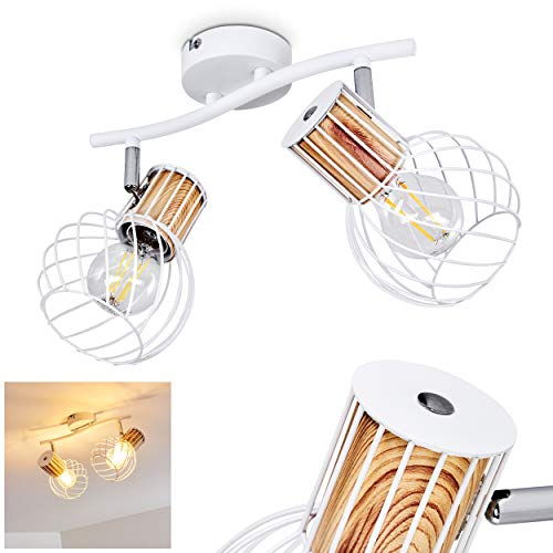 Deckenleuchte Koler, Deckenlampe aus Metall/Holzoptik in Weiß/Braun, 2-flammig, mit verstellbaren Strahlern, 2 x E27-Fassung, Spot im Retro/Vintage Design in Gitter-Optik, ohne Leuchtmittel