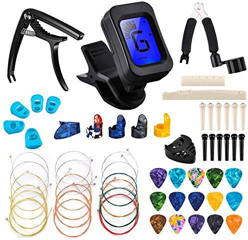 Olycism Guitar Accessories Kit - 61 PCS Tools Set Including Picks, Capo, Tuner, Strings, 3 in 1 String Winder, Bridge Pins, Bone Bridge Saddle and Nut, Finger Picks