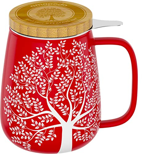 amapodo Teetasse mit Deckel und Sieb - 600ml Porzellan Tee Tasse groß - Jumbotasse - XXL Tea Cup Set Rot - plastikfrei