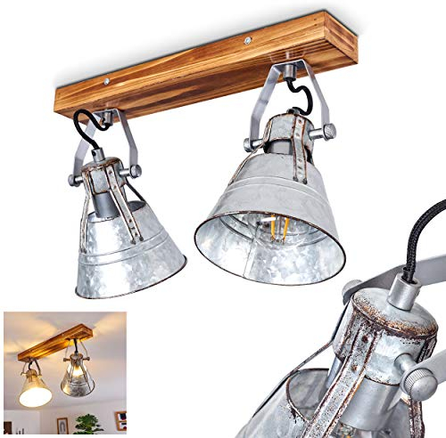 Deckenleuchte Berkeley Dark, verstellbare Deckenlampe aus Metall/Holz in Zink, 2-flammig, Lampenschirme dreh- u. schwenkbar, 2 x E27-Fassung, Spot im Retro Design, ohne Leuchtmittel