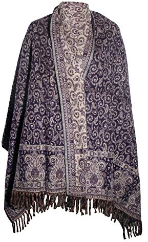 TIBET Blauer Paisley-Schal, handgefertigt, reine Yakwolle, Unisex, doppelseitig, übergroßer Schal, besonderes Geschenk, blau, Einheitsgröße