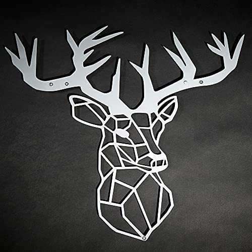 Hansmeier® Hirsch-Wanddeko - Metall Silber - 42 x 47 cm - Wasserfest, schlicht, modern - Für Außen und Innen - Metall-Dekoration im Industrial Style
