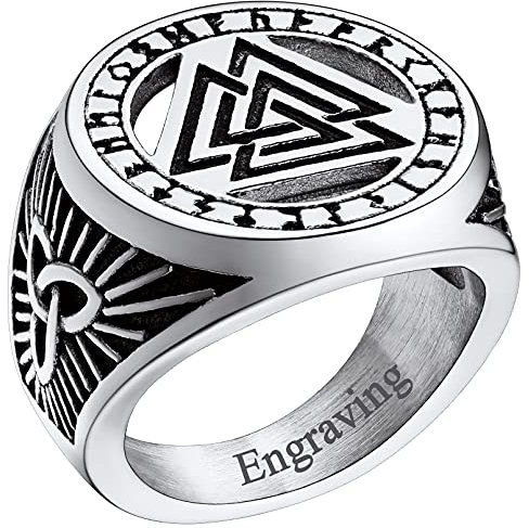 FaithHeart Personalisierter Nordischer Valknut Fingerring im Runenkreis Wikinger Siegelring in Ringgröße 56.9mm Viking Siegelring für Herren Damen Männer