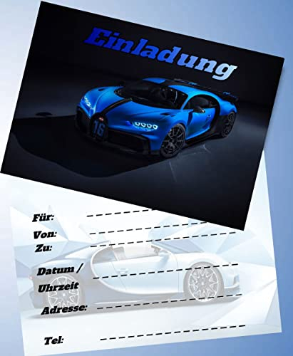 12 Einladungskarten & 12 Umschläge für Geburtstag Partys und Kindergeburtstag Auto / Car Sportwagen Kompatibel mit Bugatti Nr. 1