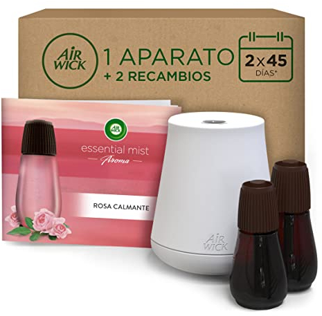 Air Wick Essential Mist Aparato y Recambios de Ambientador Difusor de Aceites Esenciales para Casa con Aroma a Rosa, Pack de 1 Aparato y 2 Recambios