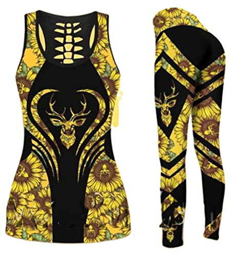 3D-gedruckte Jagd Hirsch Sonnenblume Tanktop Leggings Set Frauen 2 Stück Casual Sweatsuit Outfits, Tanktops und Leggings, 42