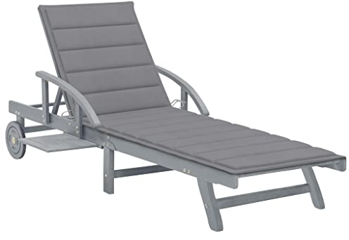 Gartenliege mit Auflage und Rollen, Sonnenliege mit Verstellbarer Rückenlehne und ausziehbarer Ablage, Klappbar Holzliege für Garten und Terasse, 200 x 68 x 30/86 cm Akazie Massivholz