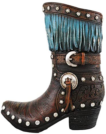 Ebros Gift Rustic Western Country Brown Faux Tooled Leather Scroll Lace Cowgirl Or Cowboy Boot with Turquoise Frill Fringe Decorative Bouquet Vase Or Planter Figurine Southwestern Centerpiece Accent