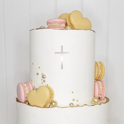 Cake Topper (Kleines Kreuz) Acryl/Holz, Taufe, Kommunion, Konfirmation, Firmung, Tortenstecker, Torte, Kuchen, Stecker, Tischdeko, Streudeko, Caketopper, Cake Board (1, Silber)