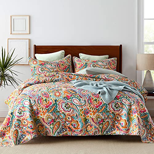VISIMISI Tagesdecke 220x240cm Baumwolle Rot Gelb Blumen Paisley Bettüberwurf 230x250cm Steppdecke mit 2 Kissenbezug Wendedecke Ganzjahresdecke für Doppelbett