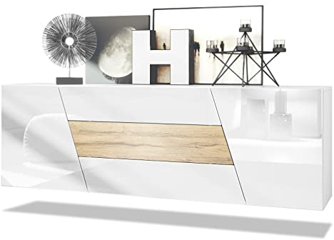 Vladon Sideboard Houston, Made in Germany, hängende Kommode mit 2 Türen & 3 Schubladen, Korpus Weiß matt, Fronten Weiß Hochglanz, mittlere Schublade Eiche Natur (178 x 57,5 x 38,5 cm)