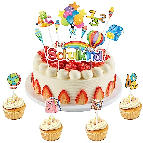 LUSEE 13 Stück Schulanfang Tortendeko, Tortendeko Einschulung Muffins Cupcake Topper Dekorationen Schuleinführung Kuchen Dekorationen für Mädchen Junge 1. Schultag Einschulung Tortendeko Party Deko