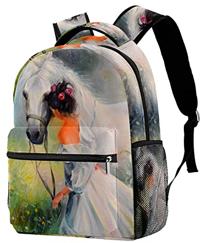 Lsjuee Ölgemälde-Mädchen mit Pferd, bedruckt, Grundschüler, Schulranzen-Rucksack für Mädchen und Jungen, adrette Schultasche