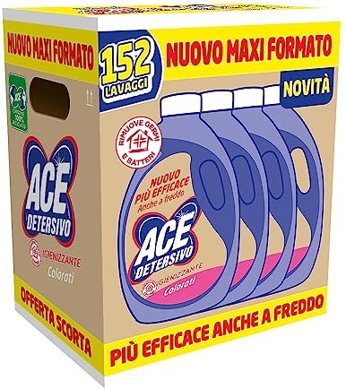 ACE Detersivo Igienizzante Colorati, Cartone da 4 Flaconi x 38 Lavaggi