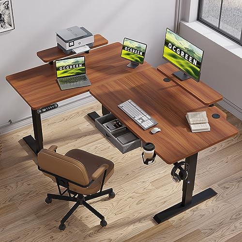OCGREEN Elektrisch höhenverstellbarer Stehpult, Splice Board Home Office Computer Stehtisch Ergonomischer Schreibtisch mit Monitorablage (Braun, 160 L)