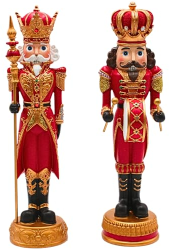 Dekohelden24 Juego de 2 figuras de cascanueces de cerámica, diseño de rey y tambor en túnica roja con corona, tamaño de cada cascanueces (largo x ancho x alto): 9,5 x 9,5 x 35 cm aprox