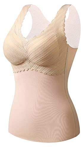 Ski Leggings Damen Wasserdicht Slim Fit Tops für Damen, ärmellose Thermo-Shirts, V-Ausschnitt, Weste mit integriertem BH, mit Fleece gefütterte Unterwäsche, Thermo-Tanktop mit (Beige, XXXL)