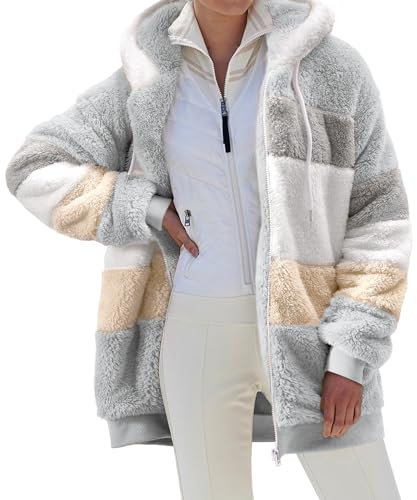 Yuson Girl Felpe con Cappuccio Donna Felpa in Pile Patchwork Manica Lunga Felpe Donna con Zip Autunno Invernale Felpa Pelosa Casual Giacca Teddy Outwear Caldo Cappotto con 2 Tasche(Grigio, M)