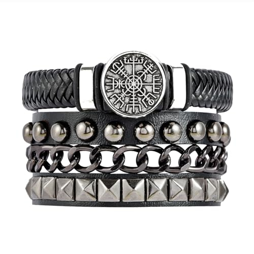 Eigso 2 Stück Lederarmband Manschette für Mann Frau Oldschool Wikinger Kompass Anhänger Armband Set für Männer Frauen