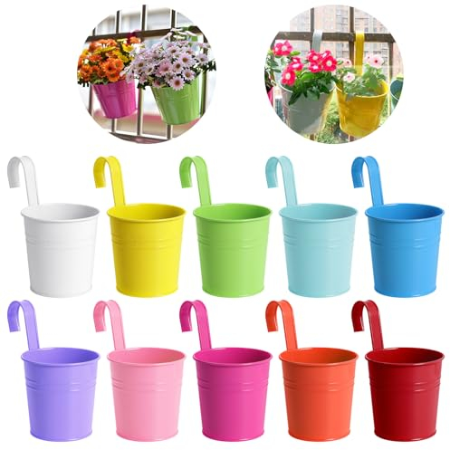 Fippy 10 Stück Blumentopf Hängend aus Metall, Bunt Blumentöpfe zum Aufhängen Metall, 10cm Blumentöpfe zum Aufhängen Outdoor für Balkon Zaun, Garten Dekor