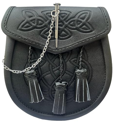 ROARMAX Scottish Sporran Tasche schwarz geprägter Sporran mit Riegelnadel Leder Sporran für Kilts traditionelle schottische Taschen, Schwarz , Medium