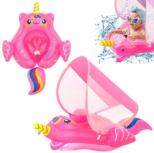 COSORO Licorne Rose Bouee Bebe avec Pare Soleil Et Siège De Sécurité 2 à 4 Ans,Bouée Gonflable Flotteur De Piscine pour Bébé,Bouée Bébé Piscine,Anneau Flotteur Piscine,Accessoires Piscine pour Enfant
