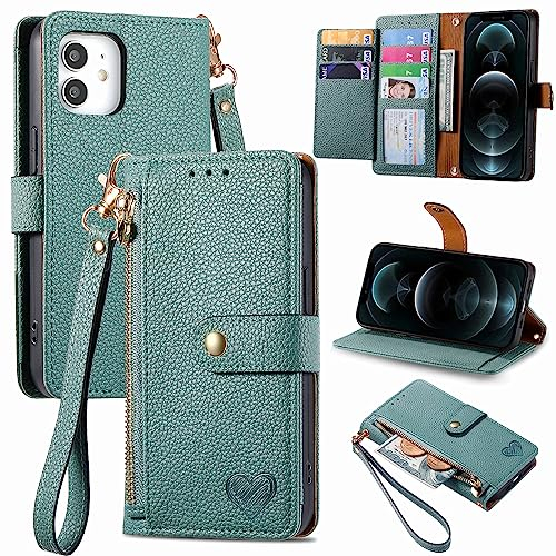 VEEMOS Zipper Wallet Case for Apple iPhone 12 Mini Phone Case with Purse Card Holders RFID Blocking Leather Flip Case Book Cover Wrist Strap Women - Green