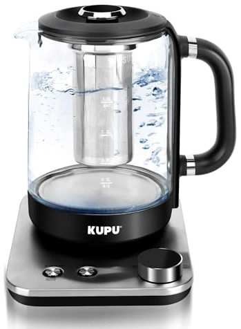 KUPU Glas Wasserkocher mit Temperatureinstellung, 1,6L Wasserkocher, 2200 Watt schnelles Aufheizen, Glaswasserkocher mit Trockengehschutz, Warmhaltefunktion, Auto-Off, Kalkfilter, 360° Basis