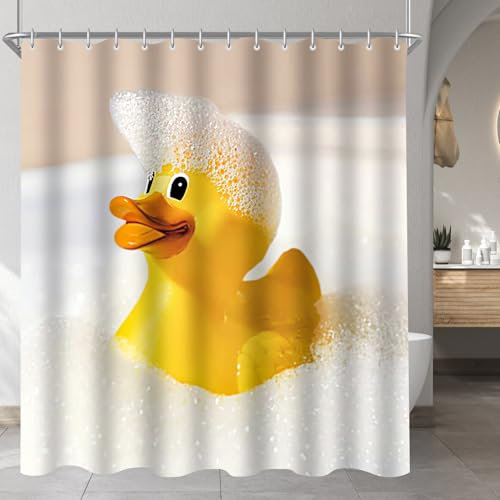 Lerores Rideau de douche 180 x 180 cm - Motif canard jaune - Ourlet lesté - Textile anti-moisissure - Imperméable - Lavable - En polyester - Avec 12 œillets et anneaux de rideau de douche - Pour salle