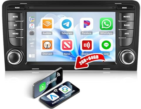 CAMECHO 2+64G Car Stereo for Audi A3 8P S3 RS3 2003-2012, 7 Inch Touch Screen Carplay Android Auto with Sat Nav FM RDS WIFI Bluetooth+Backup Camera
