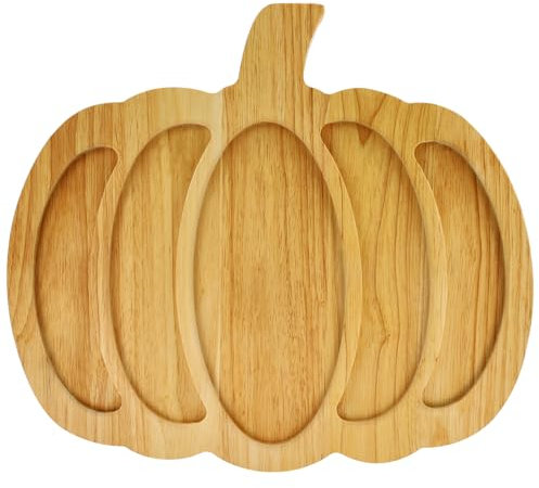 Renawe Large Pumpkin Wooden Serving Platter 15x13 In Snack Fruit Meat Cheese Board Cookie Section Plate Dish for Thanksgiving Christmas Charcuterie Board Wood Decor Dessert Tray Compartment Platters